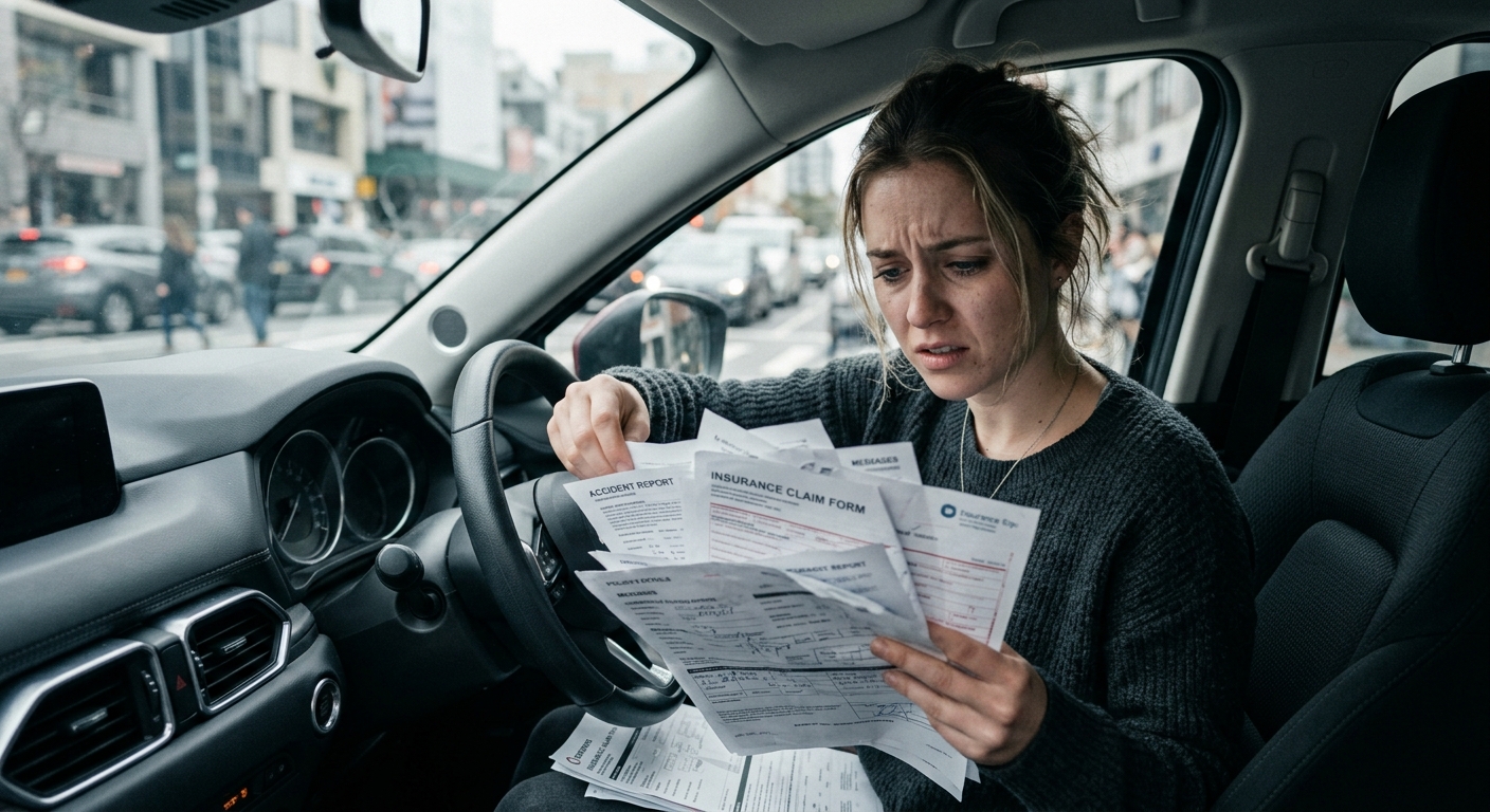 נהגת צעירה ומודאגת יושבת ברכב וקוראת טפסי תביעת ביטוח רכב ודוח תאונת דרכים