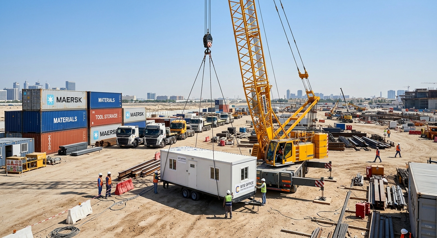 מנוף נייד צהוב מציב מבנה משרד נייד באתר בנייה. צוות פועלים עם ציוד מגן מכוון את המבנה לקרקע, כשברקע מכולות אחסון, משאיות לוגיסטיקה וציוד כבד.
