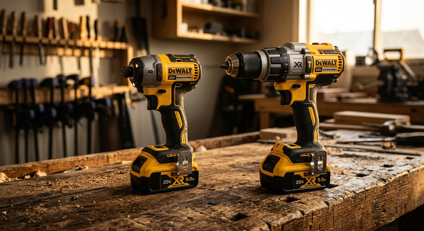 מברגת אימפקט ומקדחה נטענת של חברת DeWalt מסדרת 20V מונחות על שולחן עץ בסדנת נגרות.