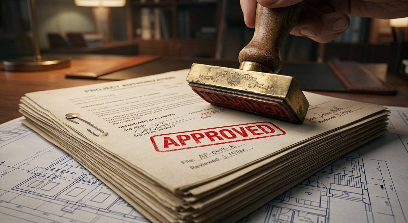 יד מטביעה חותמת APPROVED באדום על מסמכי אישור פרויקט המונחים על שרטוטים אדריכליים ותוכניות בנייה.