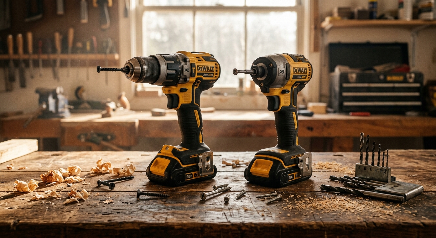 זוג מברגות נטענות של מותג DeWalt על שולחן עבודה מעץ בסדנת נגרות, לצד שבבי עץ, ברגים וסט מקדחים